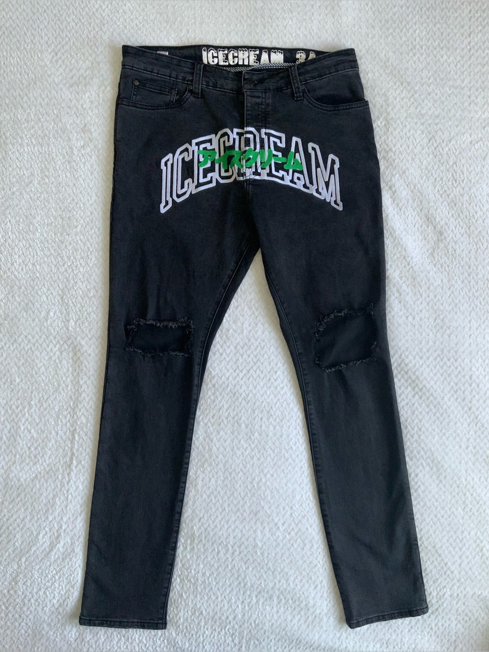 Icecream Leap Embroidered Distressed Denim Jeans